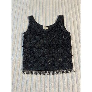 Vintage 1960s Harilelas Beaded Sequin Fringe Blouse Tank Top Women’s Small Black